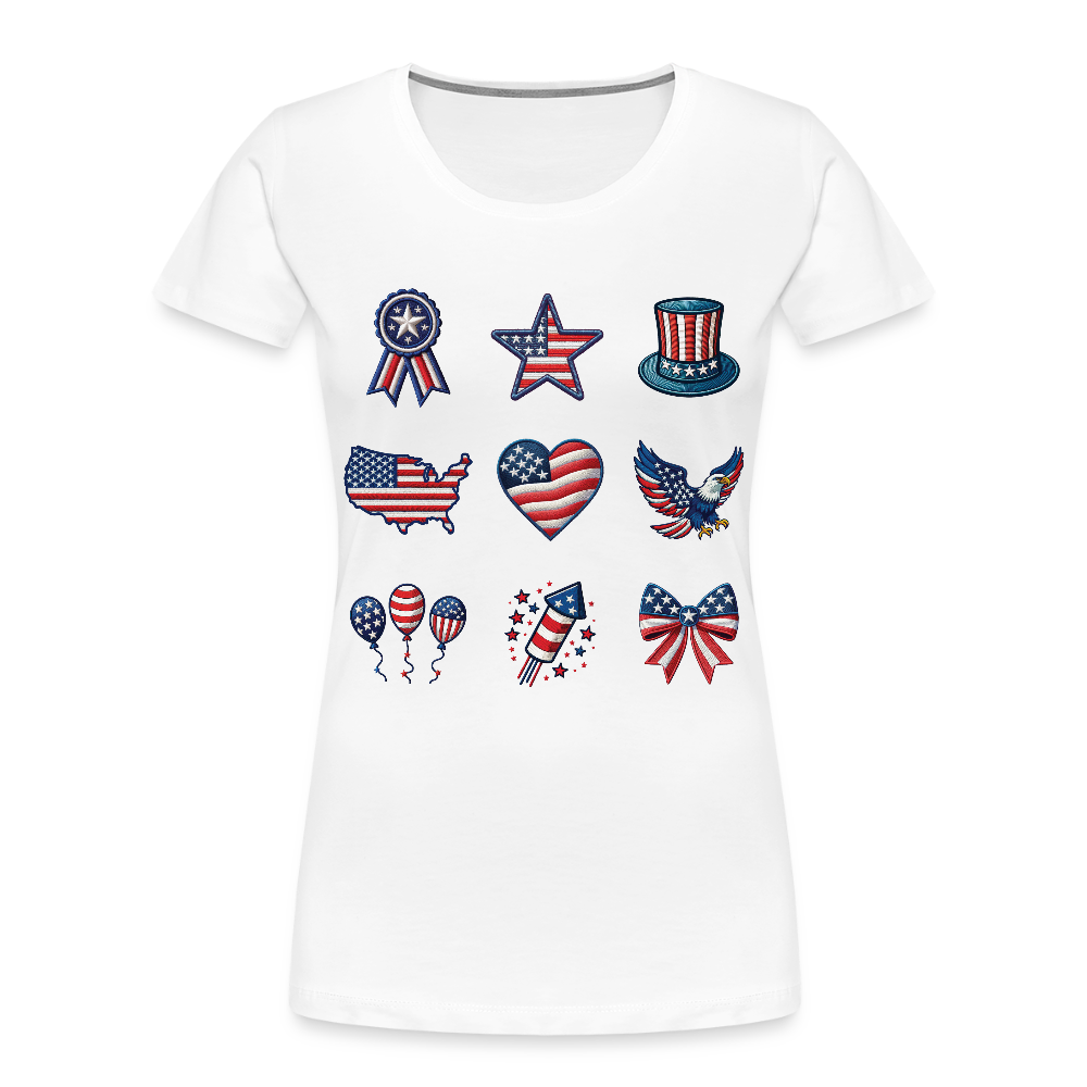 Independence Day 4th of July Women's Organic T-Shirt with embroidery-effect patriotic design.