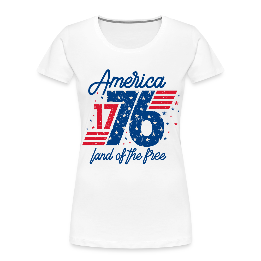 Women's premium organic T-shirt with "America Land of the Free" design in red, white, and blue.