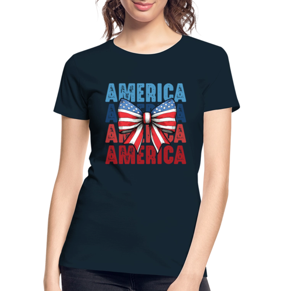 Women's premium organic T-shirt with America Coquette Bow design in red, white, and blue.
