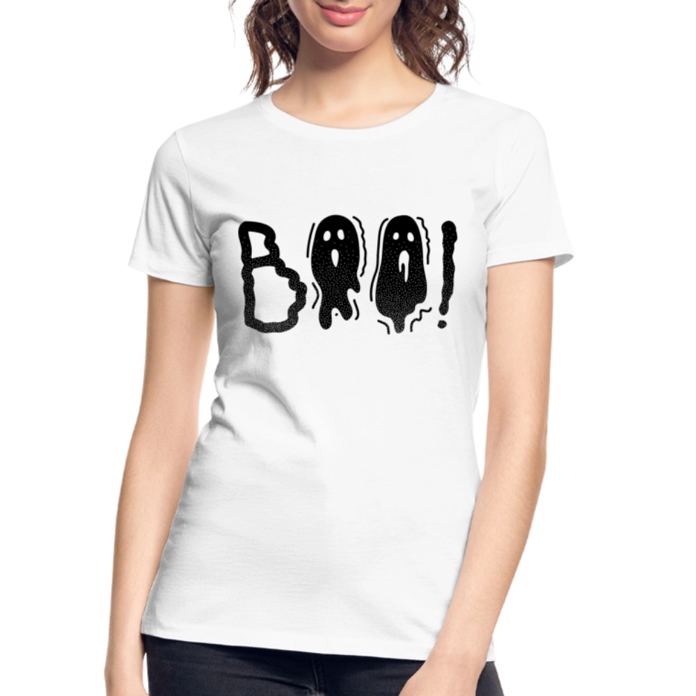 White women’s premium organic t-shirt with black distressed “Boo” Halloween design on front