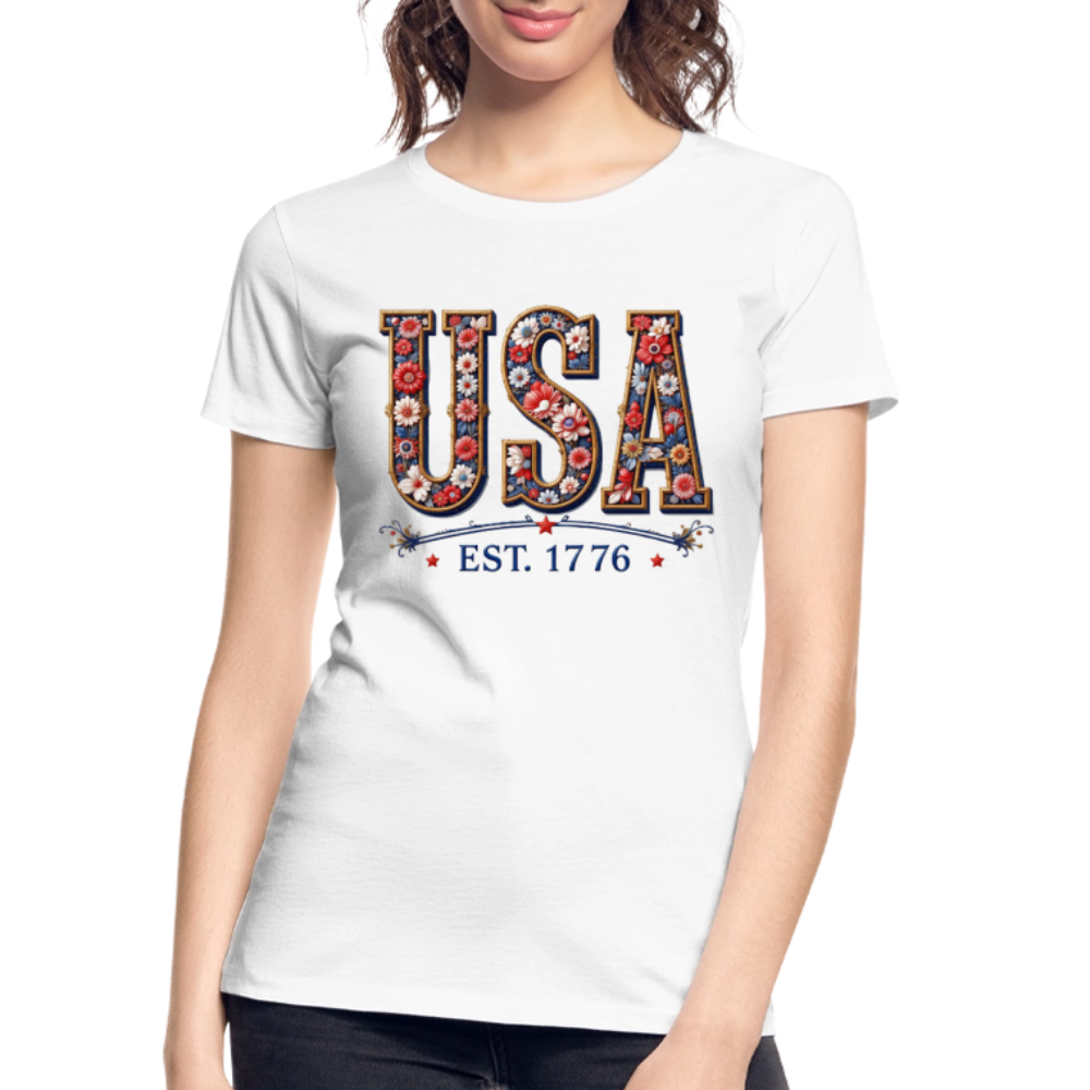 USA Floral Est. 1776 Embrodery Effect - Women’s Premium Organic T-Shirt - white