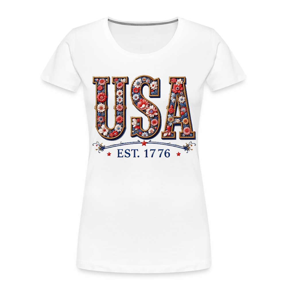 Women's premium organic t-shirt with USA Floral Est. 1776 embroidery effect and flowers.