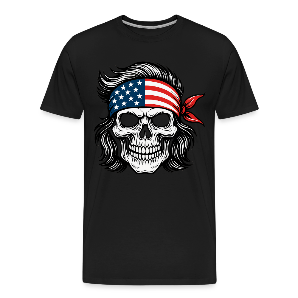 Men’s black organic cotton t-shirt with skull wearing an American flag bandana graphic.