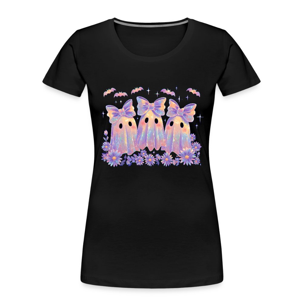 Cute girly ghosts wearing bows with iridescent effect printed on women’s premium organic cotton shirt, eco-friendly Halloween fashion.