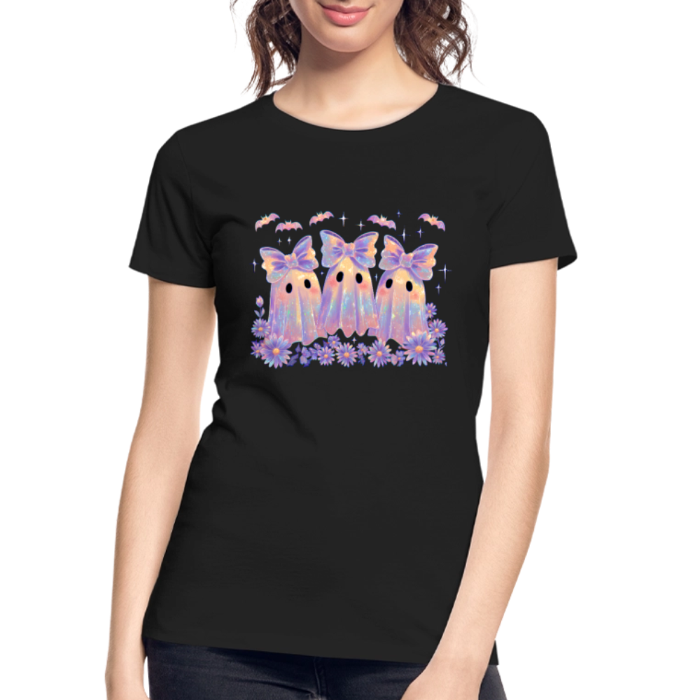 Cute girly ghosts wearing bows with iridescent effect printed on women’s premium organic cotton shirt, eco-friendly Halloween fashion.