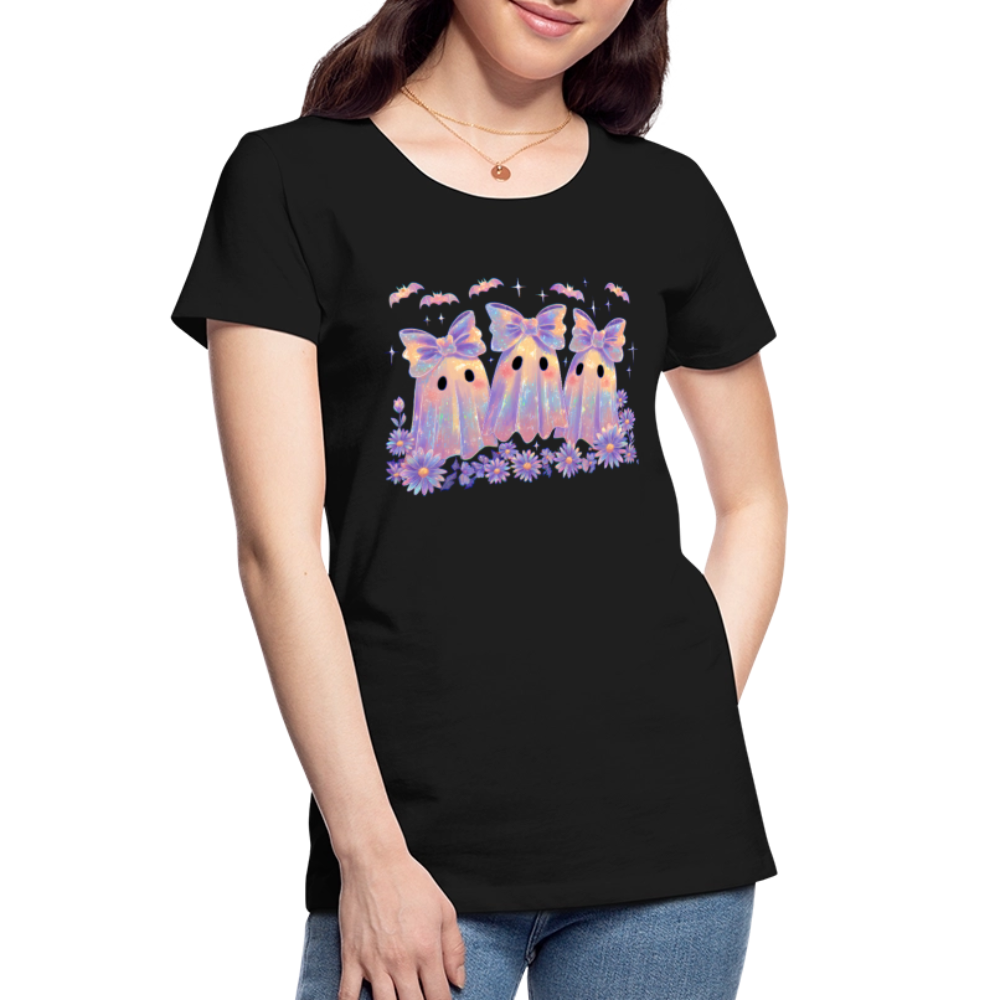 Cute girly ghosts wearing bows with iridescent effect printed on women’s premium organic cotton shirt, eco-friendly Halloween fashion.