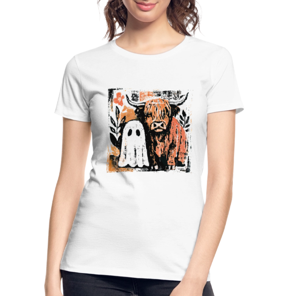 Highland Cow and Ghost Women’s Premium Organic T-Shirt, cute spooky Halloween cow design, eco-friendly organic cotton fall fashion tee for women.