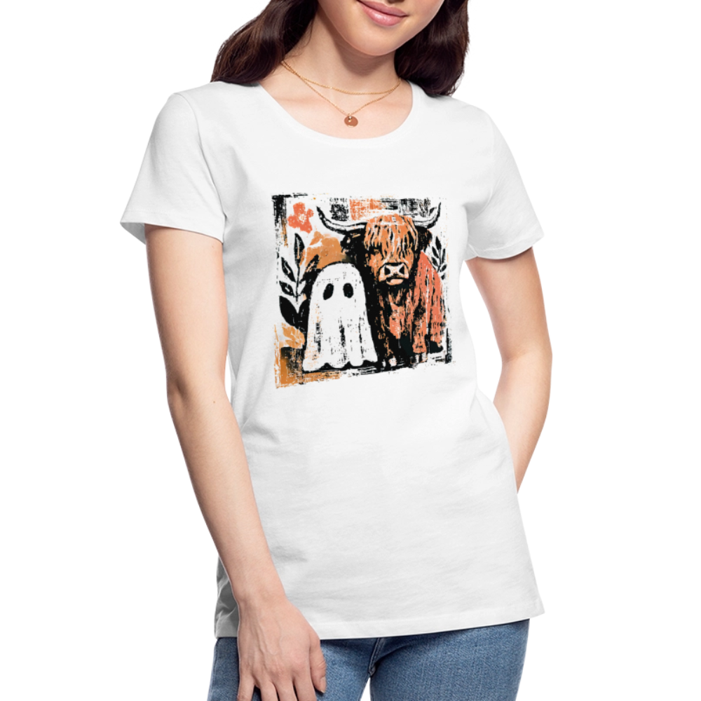 Highland Cow and Ghost Women’s Premium Organic T-Shirt, cute spooky Halloween cow design, eco-friendly organic cotton fall fashion tee for women.