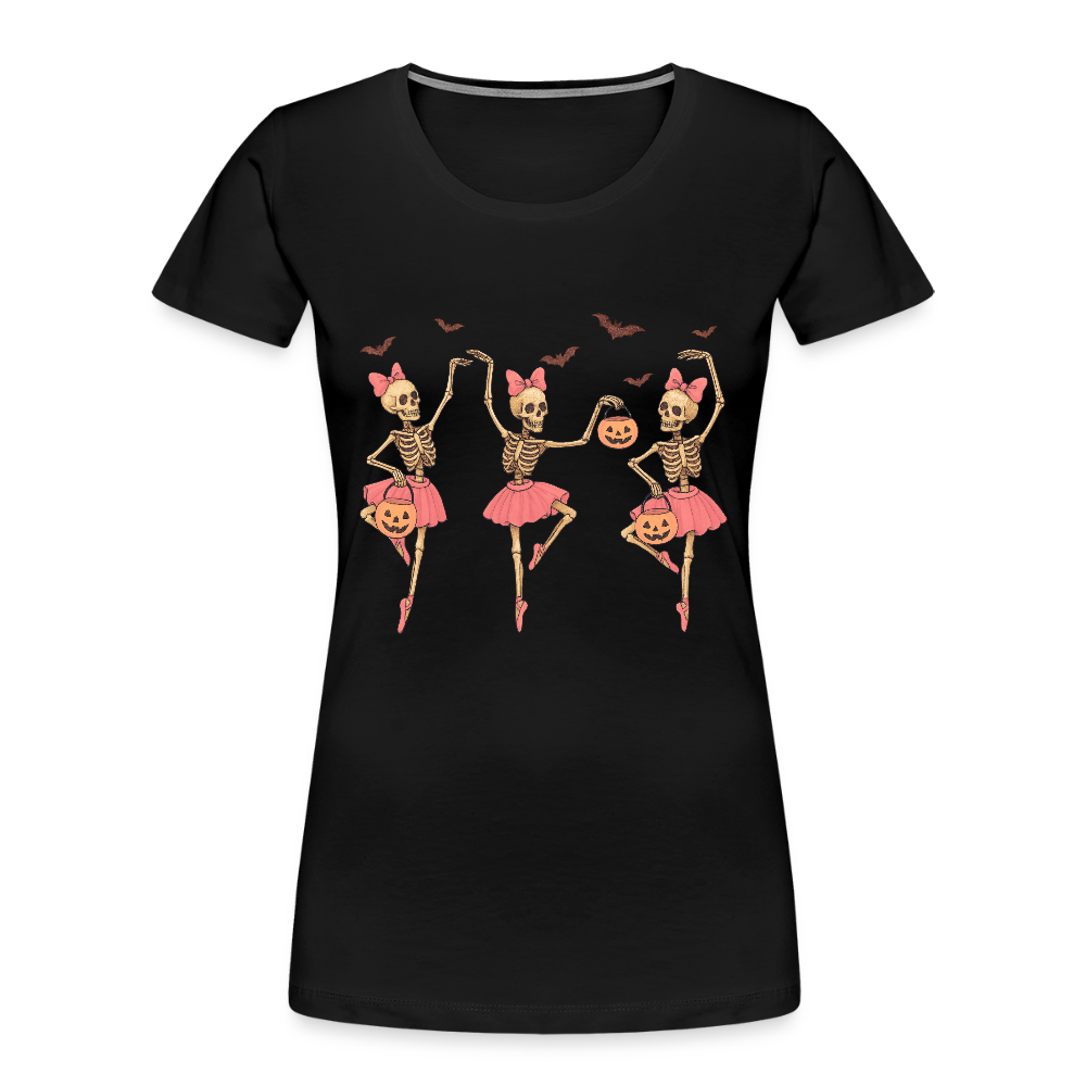 Illustration of skeleton ballerinas dancing in tutus on a women’s premium organic t-shirt, spooky gothic ballet design perfect for Halloween or fall fashion.
