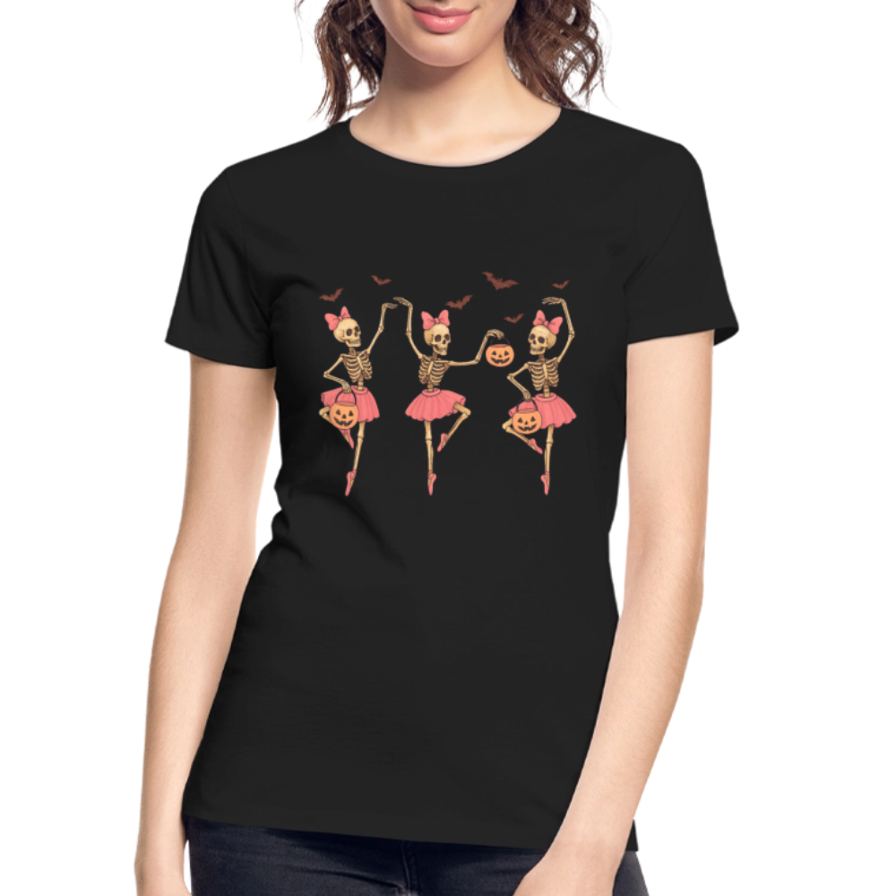 Illustration of skeleton ballerinas dancing in tutus on a women’s premium organic t-shirt, spooky gothic ballet design perfect for Halloween or fall fashion.