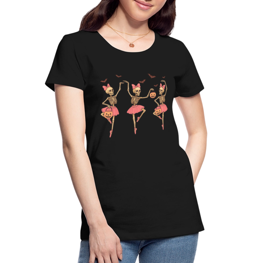 Illustration of skeleton ballerinas dancing in tutus on a women’s premium organic t-shirt, spooky gothic ballet design perfect for Halloween or fall fashion.
