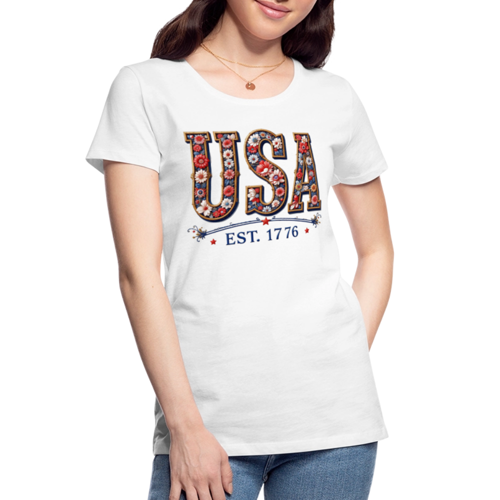 USA Floral Est. 1776 Embrodery Effect - Women’s Premium Organic T-Shirt - white