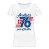 Women's premium organic T-shirt with "America Land of the Free" design in red, white, and blue.