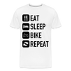 Men’s organic t-shirt with "Eat Sleep Bike Repeat" design for motorcycle enthusiasts.