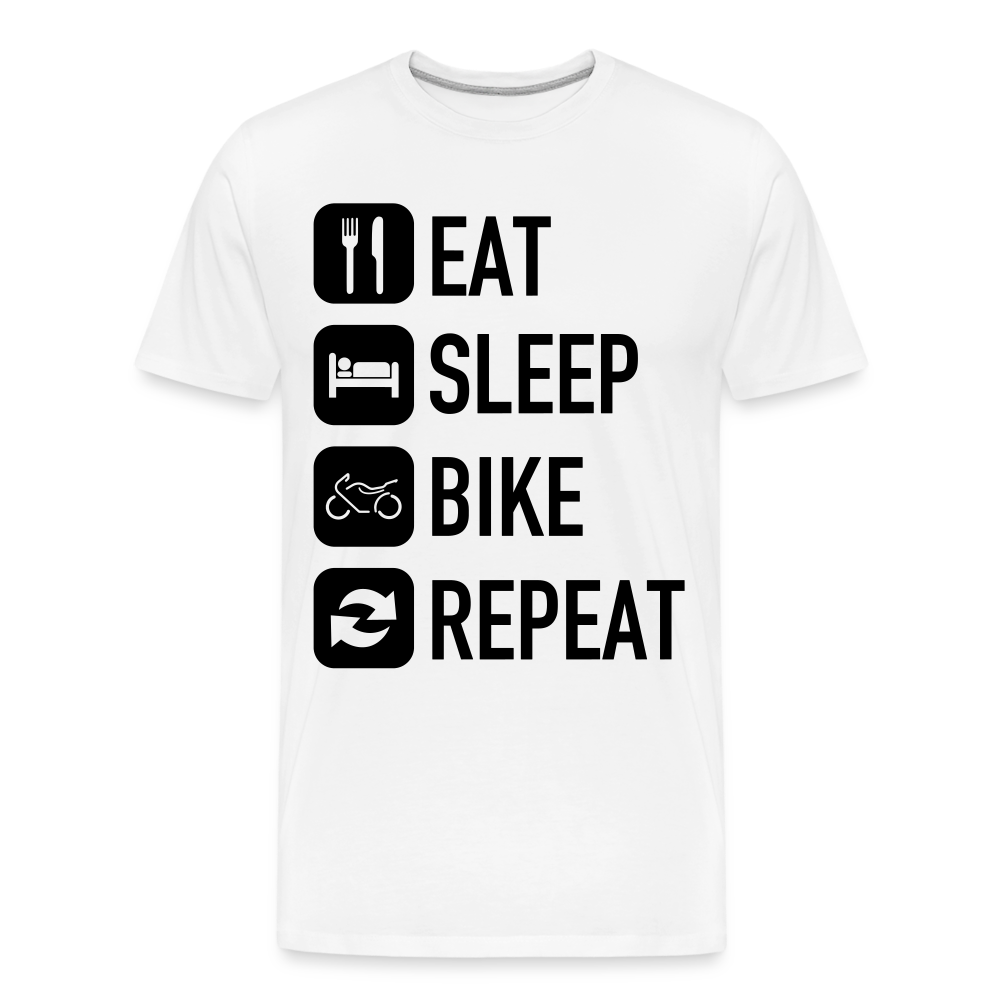 Men’s organic t-shirt with "Eat Sleep Bike Repeat" design for motorcycle enthusiasts.