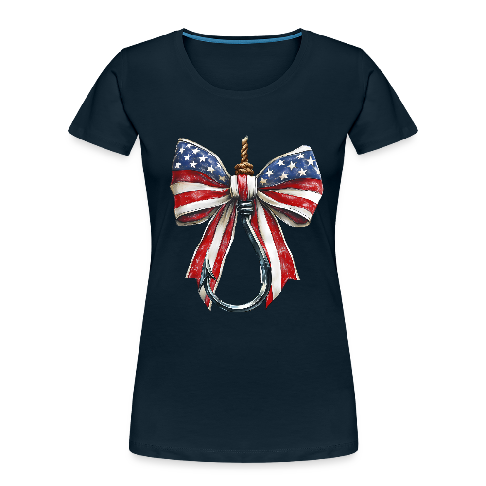 Women’s organic t-shirt with American Coquette Bow Fishing Hook design, featuring a patriotic bow and hook graphic.
