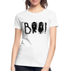 White women’s premium organic t-shirt with black distressed “Boo” Halloween design on front