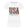 Women's premium organic t-shirt with USA Floral Est. 1776 embroidery effect and flowers.