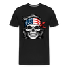 Men’s black organic cotton t-shirt with skull wearing an American flag bandana graphic.