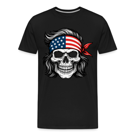 Men’s black organic cotton t-shirt with skull wearing an American flag bandana graphic.