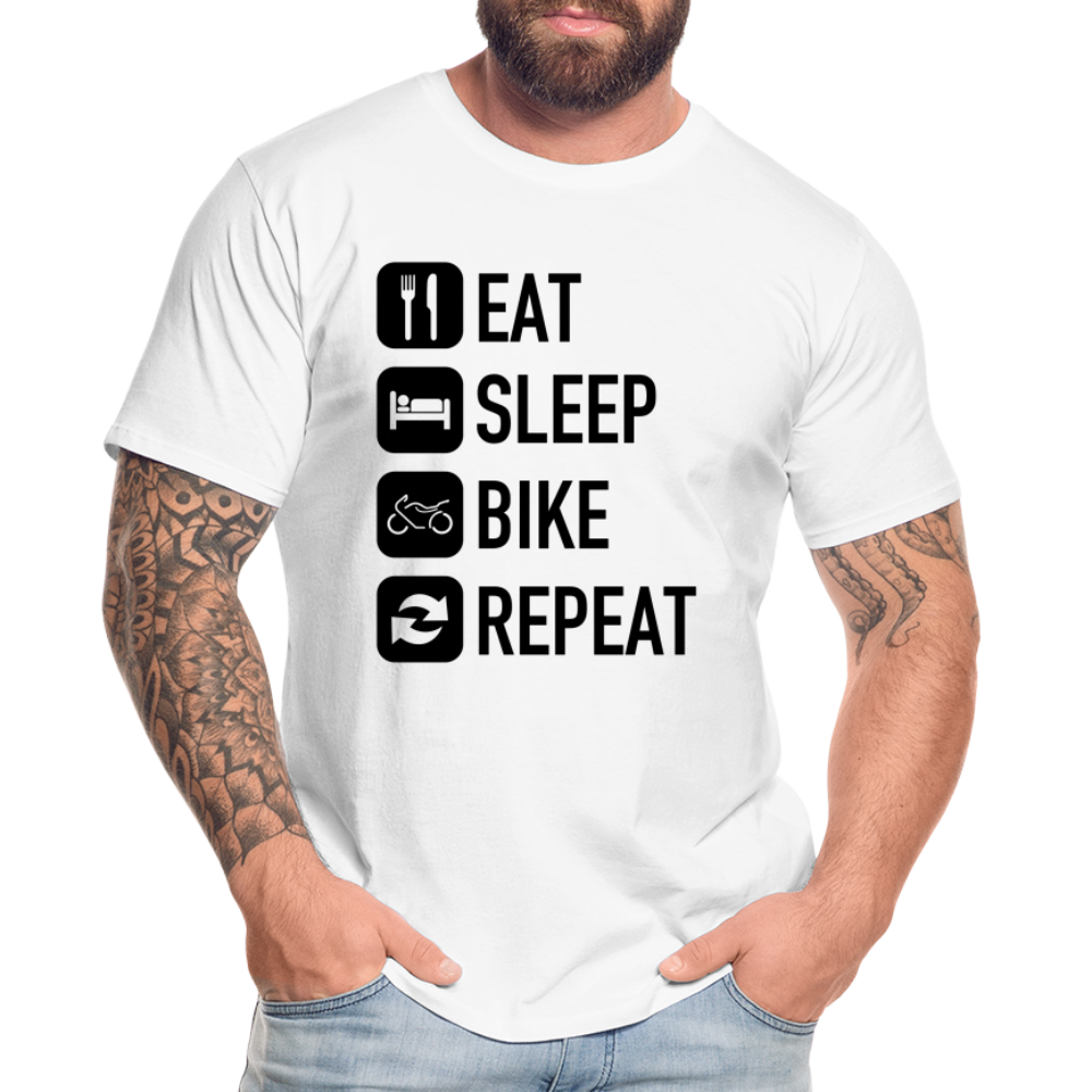 Men's premium organic t-shirt with "Eat Sleep Bike Repeat" slogan for motorcycle enthusiasts.