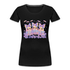 Cute girly ghosts wearing bows with iridescent effect printed on women’s premium organic cotton shirt, eco-friendly Halloween fashion.