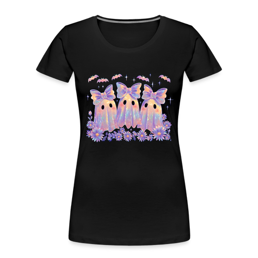 Cute girly ghosts wearing bows with iridescent effect printed on women’s premium organic cotton shirt, eco-friendly Halloween fashion.