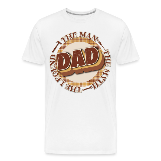 Men’s premium organic t-shirt with "Dad The Man The Myth The Legend" design, featuring rustic textures and plaid patterns.