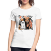 Highland Cow and Ghost Women’s Premium Organic T-Shirt, cute spooky Halloween cow design, eco-friendly organic cotton fall fashion tee for women.