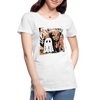 Highland Cow and Ghost Women’s Premium Organic T-Shirt, cute spooky Halloween cow design, eco-friendly organic cotton fall fashion tee for women.