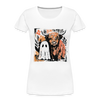 Highland Cow and Ghost Women’s Premium Organic T-Shirt, cute spooky Halloween cow design, eco-friendly organic cotton fall fashion tee for women.