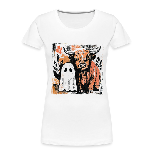 Highland Cow and Ghost Women’s Premium Organic T-Shirt, cute spooky Halloween cow design, eco-friendly organic cotton fall fashion tee for women.