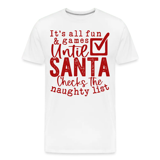 Men's premium organic t-shirt with "Santa Saw Your Social Media" message, made from high-quality organic cotton.