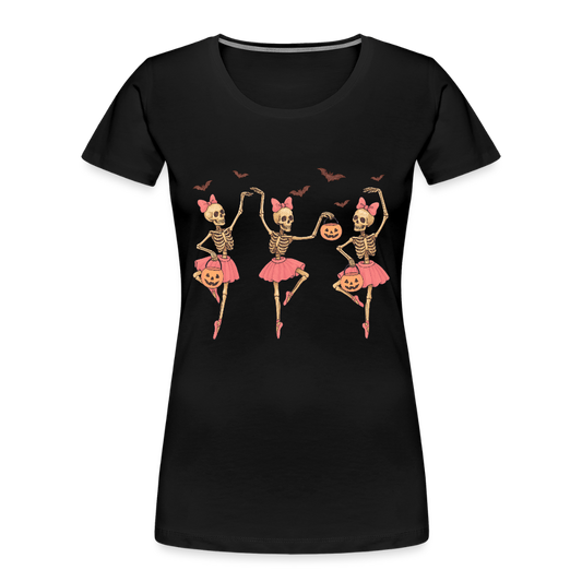 Illustration of skeleton ballerinas dancing in tutus on a women’s premium organic t-shirt, spooky gothic ballet design perfect for Halloween or fall fashion.