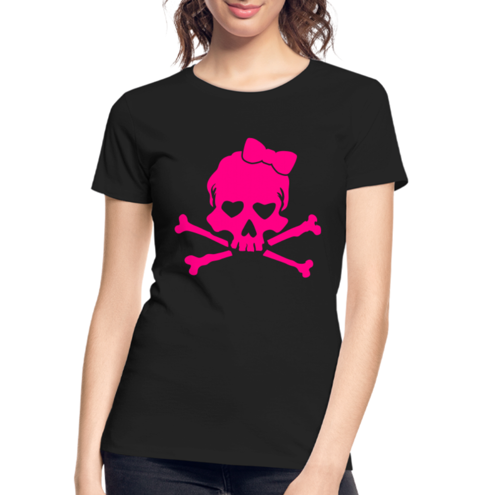 Skull Lady Heart Women’s Organic T-Shirt with pink skull and heart-shaped eyes design.