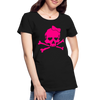 Women's premium organic t-shirt featuring a pink skull with heart-shaped eyes, bow, and crossbones design.