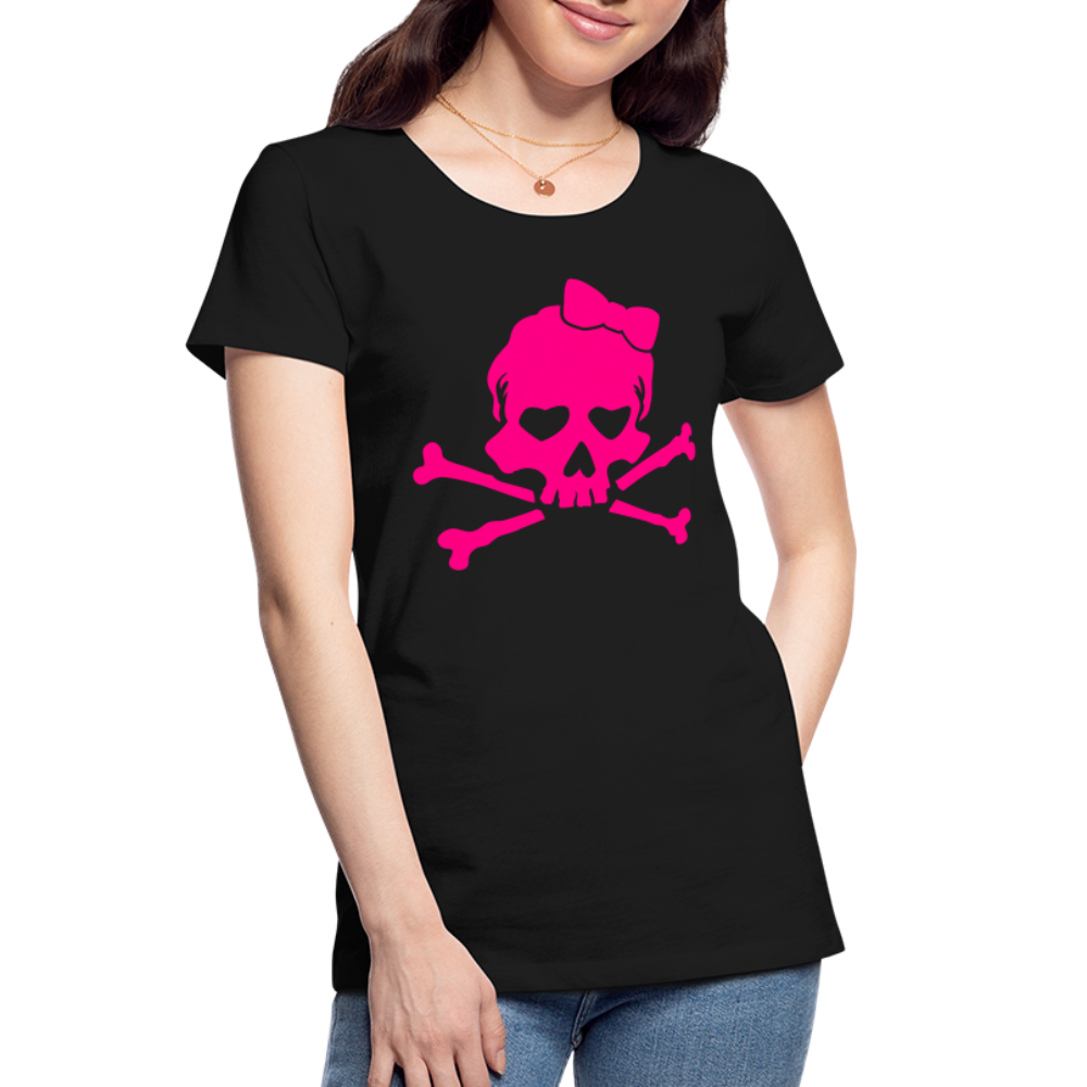 Women's premium organic t-shirt featuring a pink skull with heart-shaped eyes, bow, and crossbones design.